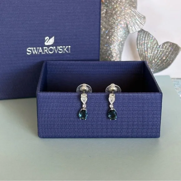 Rare Swarovski Blue Pear-Cut And Clear Crystals Vintage Drop Earrings 19mm - Picture 11 of 16